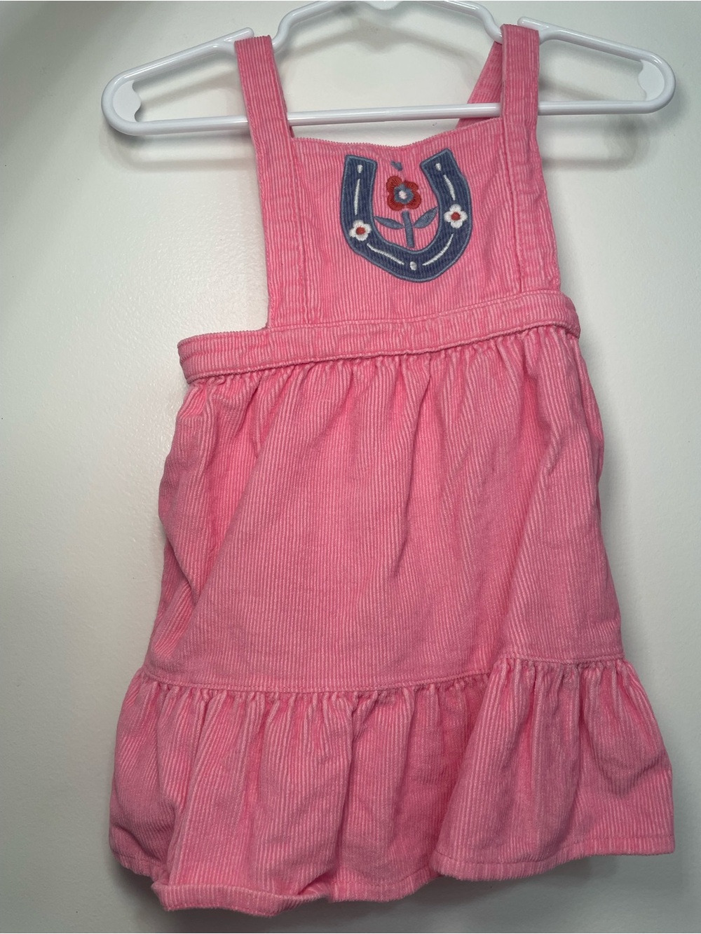Kids Pink Corduroy Pinafore Dress with Horsehoe Embroidery
